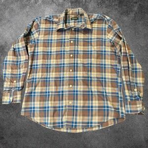 Orvis Mens L Plaid Button Down Shirt Blue Brown Tan Outdoor Classic Fit